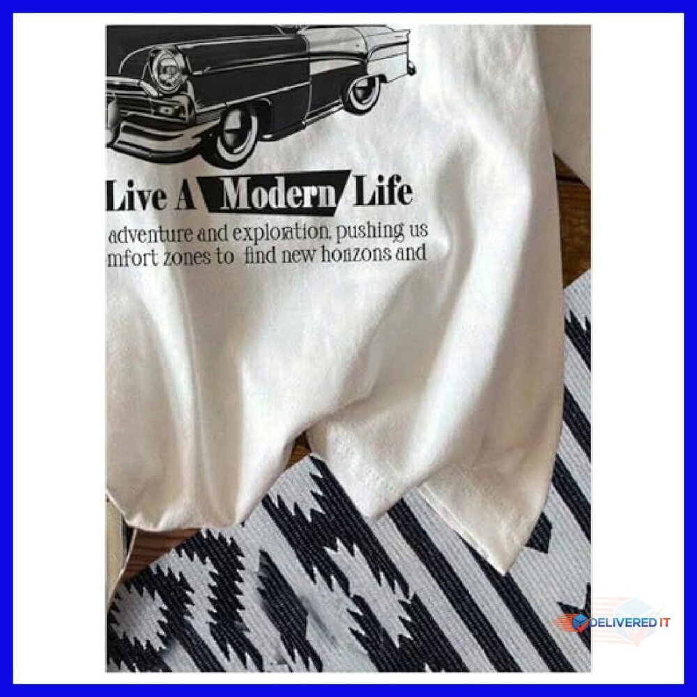 Women's Graphic Letter Tee Crew Neck Drop Shoulder Vintage Car Print Top - Picture 5 of 6